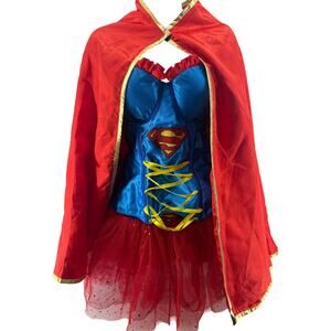 DC Comic Super Girl 3 Pc Costume Corset Cape Tulle Mini Skirt Red Shimmer L/OS